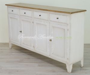 Kitchen or living room cupboard in solid wood with very antique white finish and solid oak top